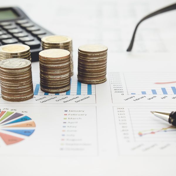 Selezione impiegato amministrativo contabile: delle monete stanno sopra dei fogli con dei grafici