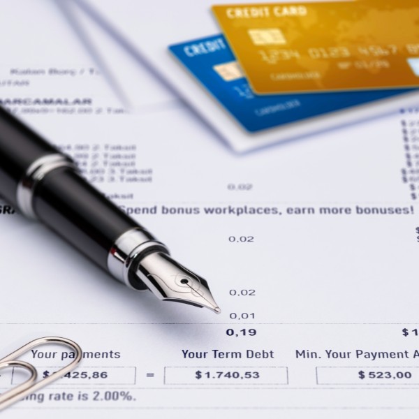 Gli strumenti di un Junior Financial Controller: delle carte di credito, dei documenti, una penna, una spilletta