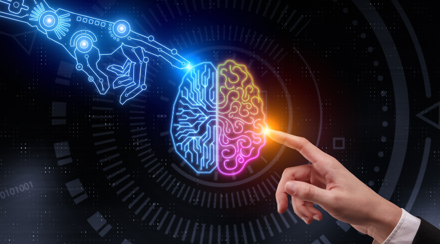 L' AI recruiting viene rappresentato come un cervello connesso da una mano umana e da una mano robotica.