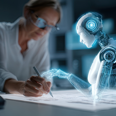 L'immagine rappresenta una donna e un robot che lavorano insieme 