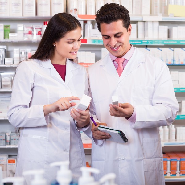 Il target di un Direttore Commerciale Farmaceutico: una coppia di farmacisti intenti a selezionare dei farmaci