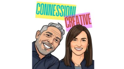 Un'illustrazione grafica stile fumetto del conduttore del podcast Francesco Tagliaverga e dell'ospite Serena Zirpoli. Il titolo 'CONNESSIONİ' è scritto in lettere celesti su un blocco di testo giallo, che si sovrappone a un secondo blocco di testo fucsia con la scritta 'CREATIVE' in rosso. Intervista su gestione e selezione del personale