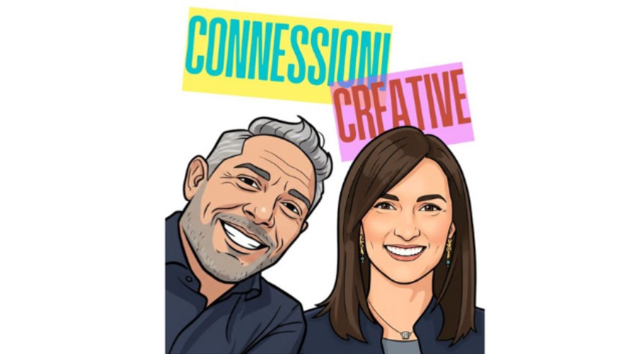 Un'illustrazione grafica stile fumetto del conduttore del podcast Francesco Tagliaverga e dell'ospite Serena Zirpoli. Il titolo 'CONNESSIONİ' è scritto in lettere celesti su un blocco di testo giallo, che si sovrappone a un secondo blocco di testo fucsia con la scritta 'CREATIVE' in rosso. Intervista su gestione e selezione del personale