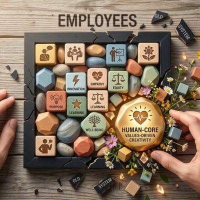 Mani che trasformano un sistema di gestione dipendenti. Sostituiscono blocchi standard con blocchi di valori come Empatia e Innovazione e fioriture, centrati su un blocco dorato 'HUMAN-CORE VALUES-DRIVEN CREATIVITY'.